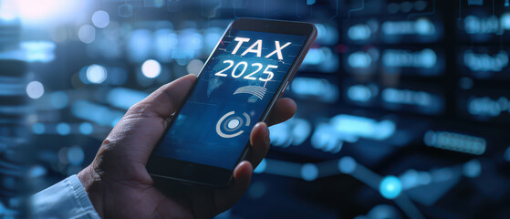 Close-up of hand holding smartphone with glowing holographic TAX 2025 interface. Concept of digital finance, fintech, tax app, and online payment technology.