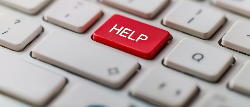 Close up of a red help key on a white computer keyboard. Concept of support, assistance, and online help desk in technology and customer service.