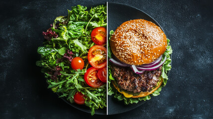 A healthy green salad on one side, contrasted with a greasy burger on the other, with a dividing line in the center.