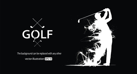 Elegant golfer silhouette swinging club in minimalist black background design, modern sports artwork for luxury golf event promotion, premium vector illustration concept