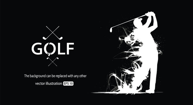 Elegant golfer silhouette swinging club in minimalist black background design, modern sports artwork for luxury golf event promotion, premium vector illustration concept