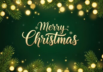 Merry christmas greeting with festive lights and evergreen branches