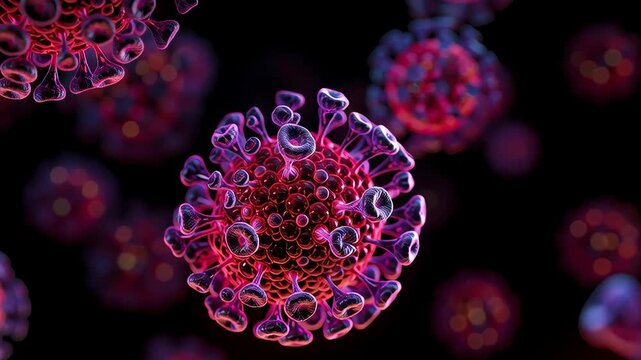 3D illustration of glowing red and purple virus particles floating in dark space, representing infection, pandemic, and global medical research concepts