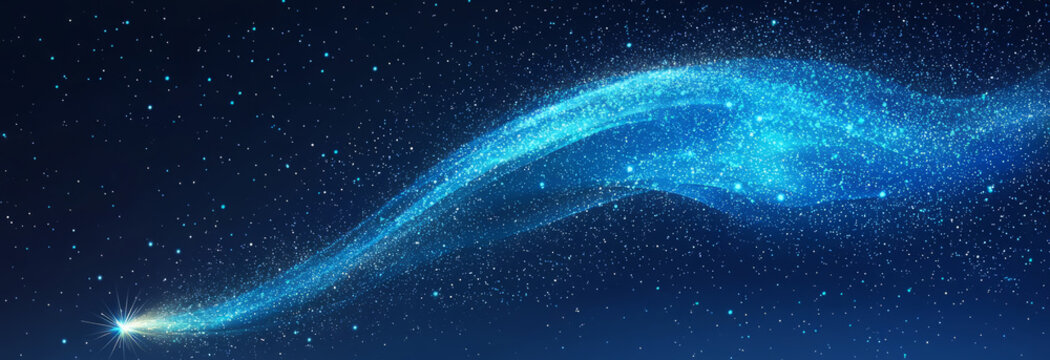 Abstract shooting star on a clean night-sky background, with a subtle trail of sparks.