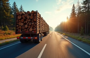 Truck carries stacked logs on highway. Timber transport through forest. Large industrial cargo vehicle moves wood. Road transportation of lumber products. Wood export and delivery concept.