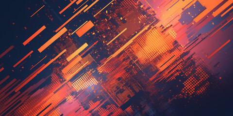 Abstract digital glitch effect with fragmented pixels and distorted lines, vibrant colors on a dark background