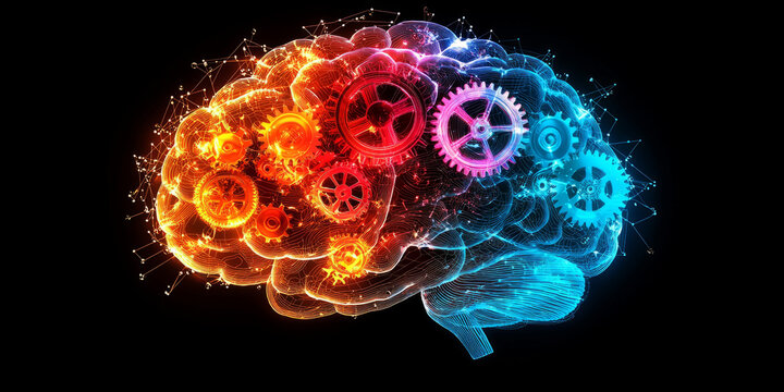 Abstract background with a glowing human brain filled with gears, symbolizing strategic thinking and motivation - Powered by Adobe