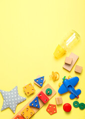 Obraz premium Baby background. Clothing and accessories for a baby. Vertical photo format