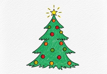 Hand drawn green christmas tree with ornaments and star topper