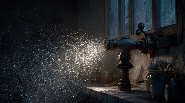 water sprays from a broken pipe in a home highlighting plumbing issues during a late evening repair attempt
