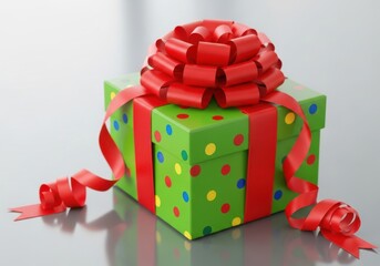 Bright green gift box with red ribbon and large bow