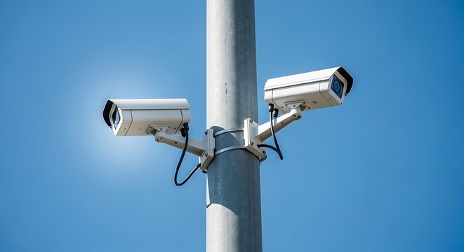 Two security cameras mounted on a pole against a clear blue sky