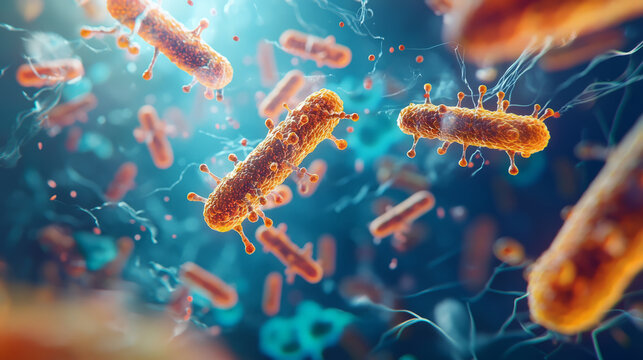 Microscopic view of bacteria and particles in a glowing liquid environment - Powered by Adobe