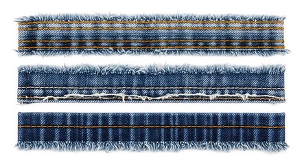 Three strips of frayed denim fabric with visible stitching and texture