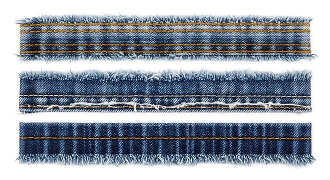 Three strips of frayed denim fabric with visible stitching and texture - Powered by Adobe