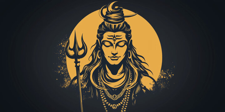Lord Shiva with a calm expression, holding a trident, crescent moon on his head