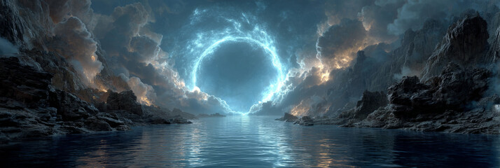 abstract celestial portal opening above calm waters, divine greeting