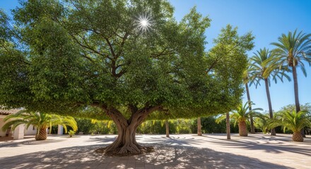 Obraz premium Majestic ancient olive tree casting dappled sunlight on a serene courtyard setting