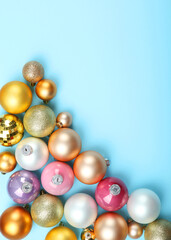 Decorative Christmas balls top view. Place to insert text.. Vertical photo format