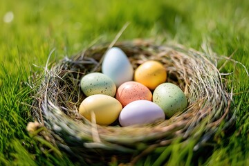 Nest with pastel colored Easter eggs nestled in fresh green grass under bright daylight