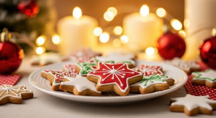 Plate of decorated star shaped Christmas cookies with bokeh lights and red ornaments