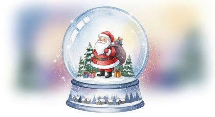 Christmas snow globe with Santa Claus holding gifts and trees inside on white background