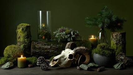 Exploring a serene nature arrangement with moss, skull, and candles in a peaceful indoor setting