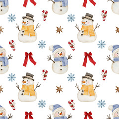 Watercolor seamless pattern with cute snowmen, bows, snowflakes and candy canes on white background. Perfect for Christmas wrapping paper, cards, textile and festive projects.