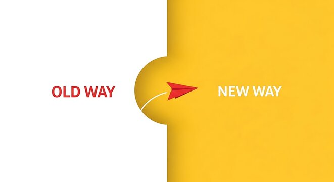Transition from old way to new way with a paper airplane symbolizing progress