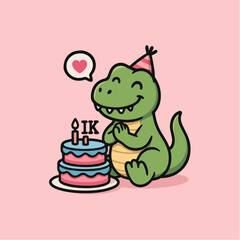 Dino's Delight: A charming, friendly cartoon dinosaur, wearing a party hat, beams with joy as he gazes at his delightful birthday cake, complete with lit candles, ready to celebrate. 
