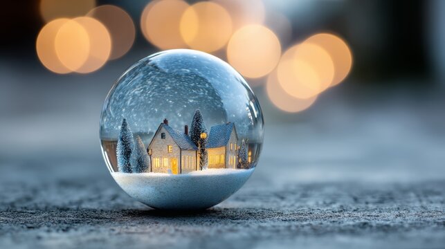 Snow globe with a cozy miniature winter village: glowing houses and frosted trees under gentle snowfall, set against a warm, blurred bokeh background for holiday charm