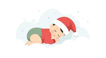 Cute baby sleeping on fluffy cloud wearing a Santa hat minimal flat illustration
