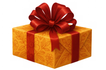 Gift box wrapped in yellow paper with a floral pattern, tied with a shiny red ribbon and bow, on a transparent background