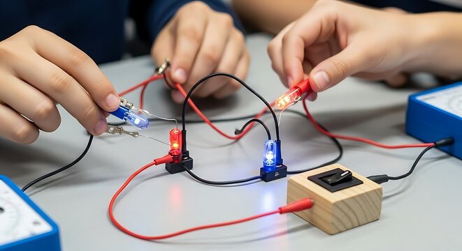 Children experimenting with a simple electrical circuit and led lights