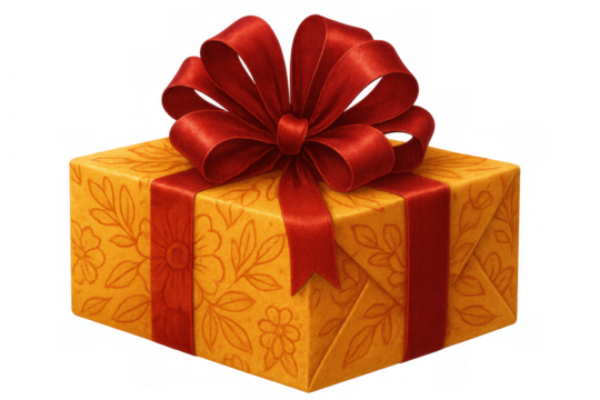 Gift box wrapped in yellow paper with a floral pattern, tied with a shiny red ribbon and bow, on a transparent background - Powered by Adobe