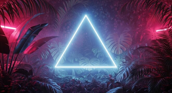Glowing neon triangle in dark tropical jungle night cyberpunk futuristic scene
