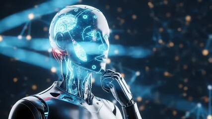 AI Robot Thinking with Glowing Circuitry in a Networked Digital Environment - Powered by Adobe