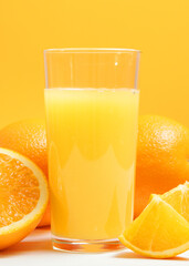 Orange juice in a glass, oranges and orange slices on the table.. Vertical photo format