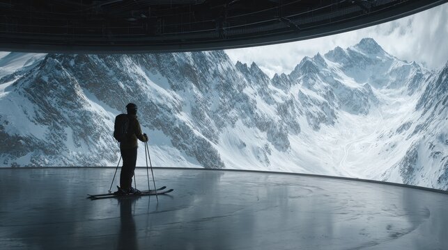 skiing enthusiast prepares for adventure inside a modern facility with large mountain display and snowy backdrop