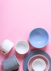 Set of dishes and kitchen utensils top view.. Vertical photo format. Vertical photo format