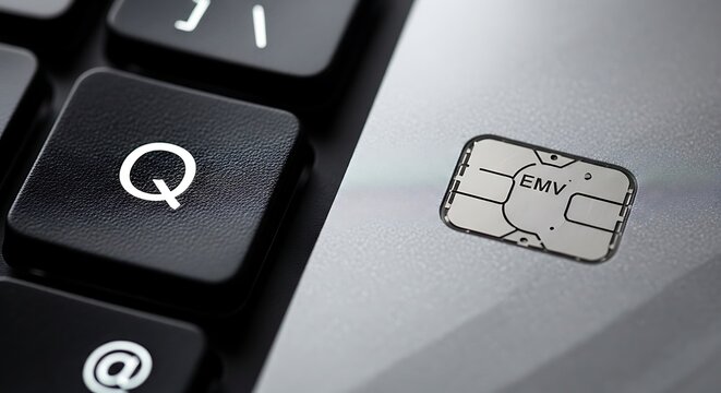 Emv chip on a laptop keyboard, representing secure digital transactions - Powered by Adobe