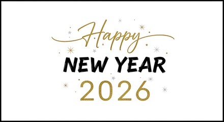 Obraz premium Happy new year 2026 text with golden glitter and black font isolated on white background