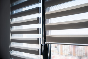 Close-up view of zebra roller blinds and chain mechanism on modern glass window © Volodymyr_sh