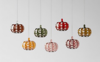 Colorful Polka Dot Pumpkin Lights Suspended Against White Background