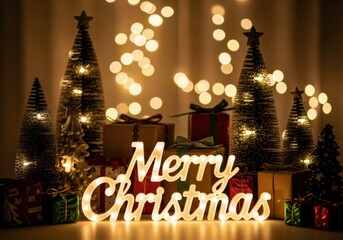 Illuminated merry christmas sign surrounded by gifts and twinkling lights