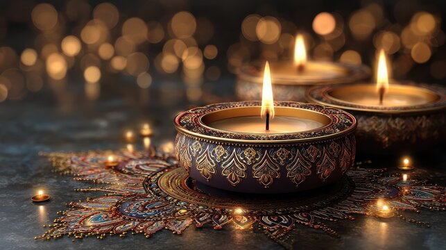 photo of golden diwali diya with intricate mandala designs and festive lights for a happy and prosperous celebration of the festival of lights