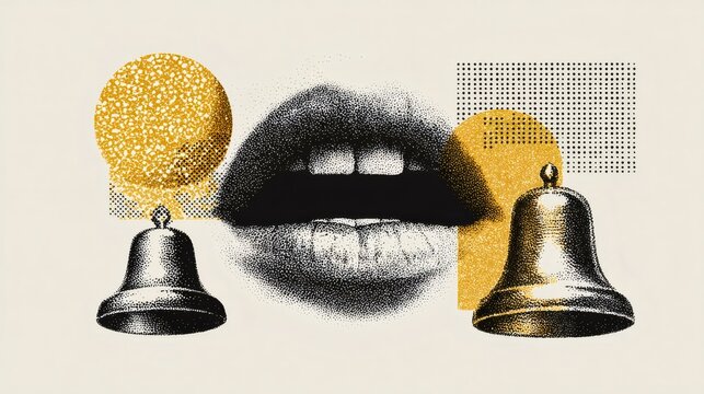Fototapeta Halftone collage of a singing mouth with graphic bells. Retro vintage christmas music and big sales concept for holiday promotion.