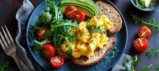 Healthy Breakfast Plate with Scrambled Eggs, Avocado, and Whole Grain Toast