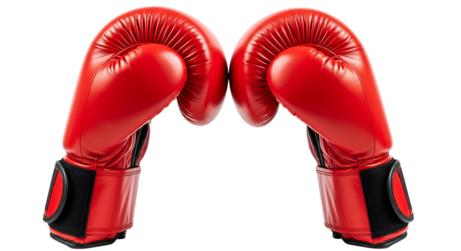 Pair of red boxing gloves facing each other, ready for a match, isolated on transparent background