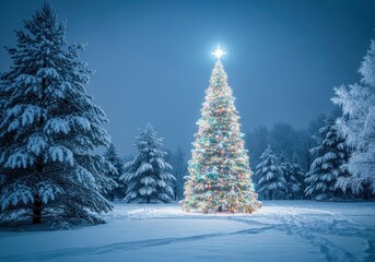 Illuminated christmas tree in a snowy winter forest at night